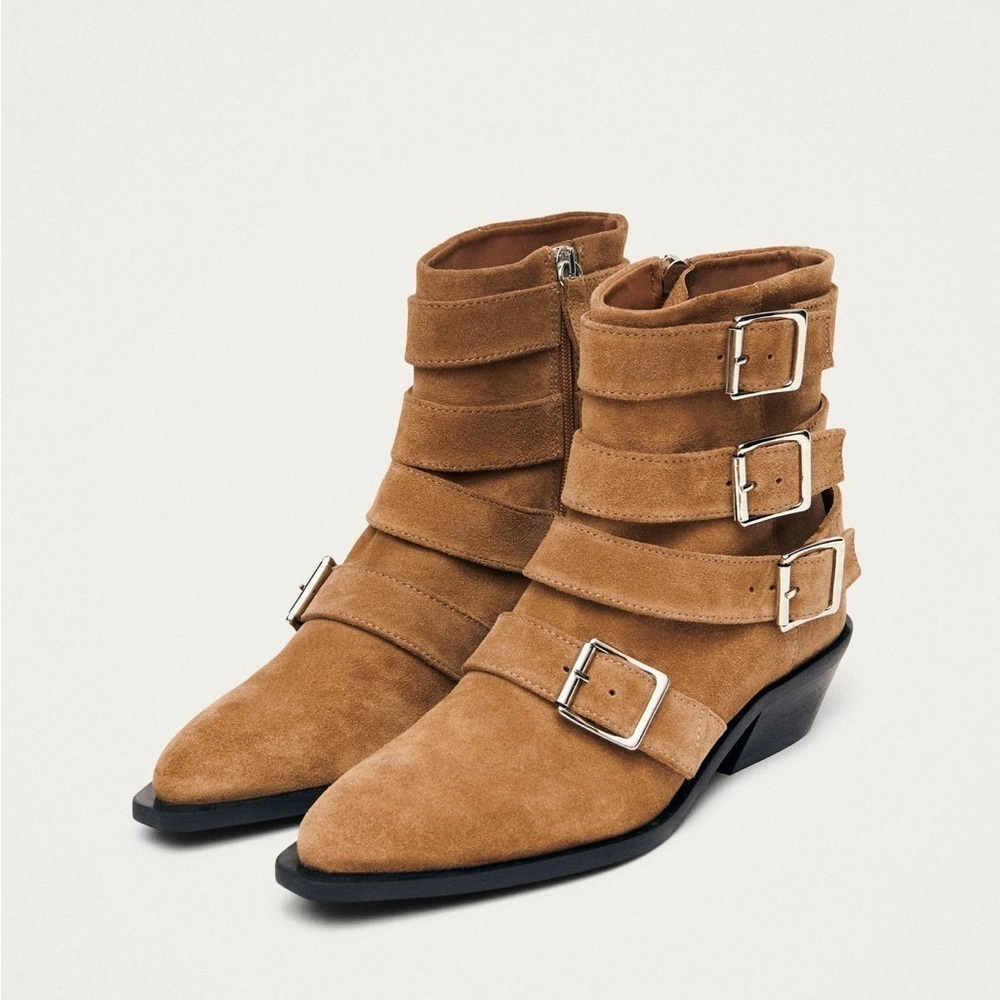 NEW ALOHAS Eras Suede Pointy Western Buckle Tan Suede Boots Sz 40